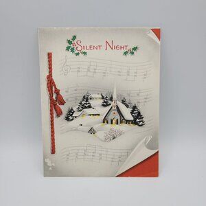 Vintage Silent Night Christmas Card With Red Rope Design & Snowy Church Scene